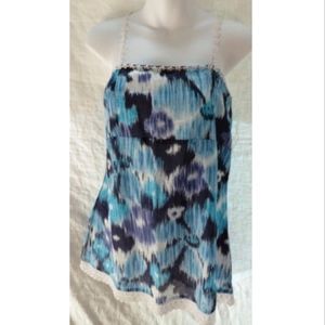 VOILE Blue Ikat Sleeveless Crochet Lace Trim Top